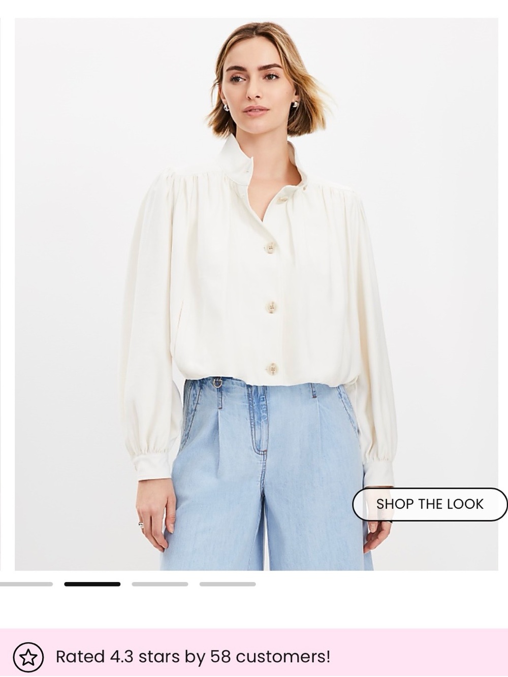 LOFT Cream Button-Front Puff-Sleeve Blouse